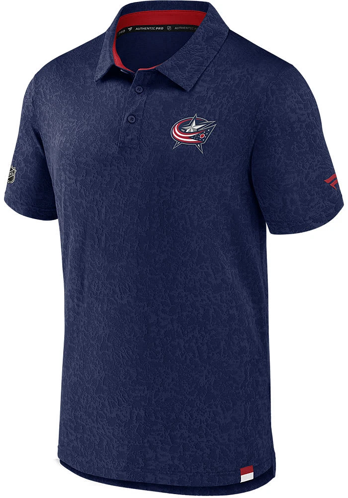 Columbus Blue Jackets Mens Navy AUTHENTIC PRO JACQUARD Short Sleeve Polo