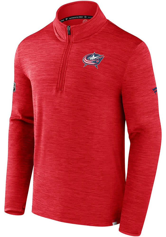 Columbus Blue Jackets Mens Red Authentic Pro Rink Long Sleeve Qtr Zip Pullover