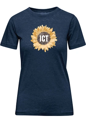 Wichita Womens Navy Blue Sunflower Short Sleeve T-Shirt
