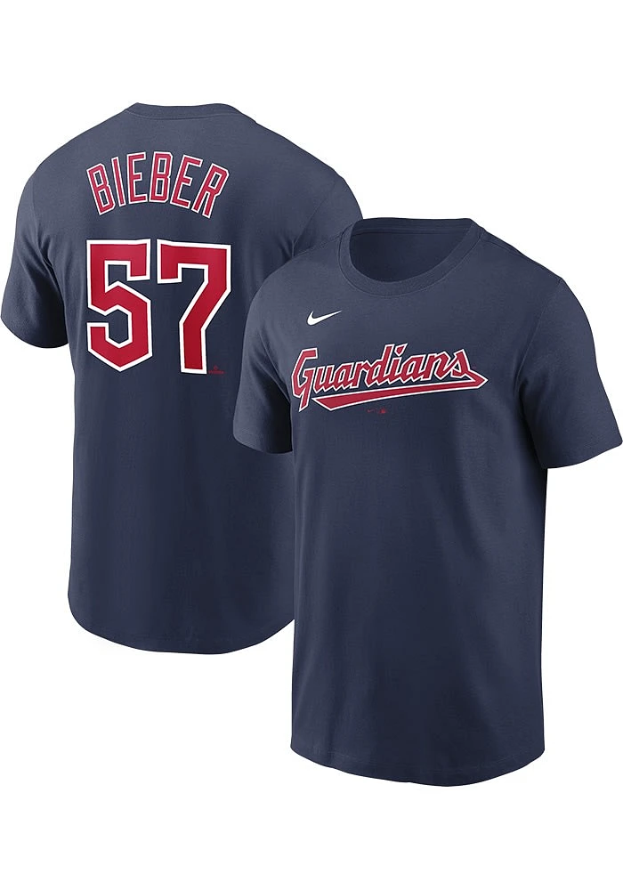 Shane Bieber Cleveland Guardians Navy Blue Home Name And Number Short Sleeve Player T Shirt