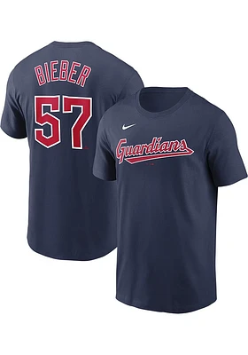 Shane Bieber Cleveland Guardians Navy Blue Home Name And Number Short Sleeve Player T Shirt