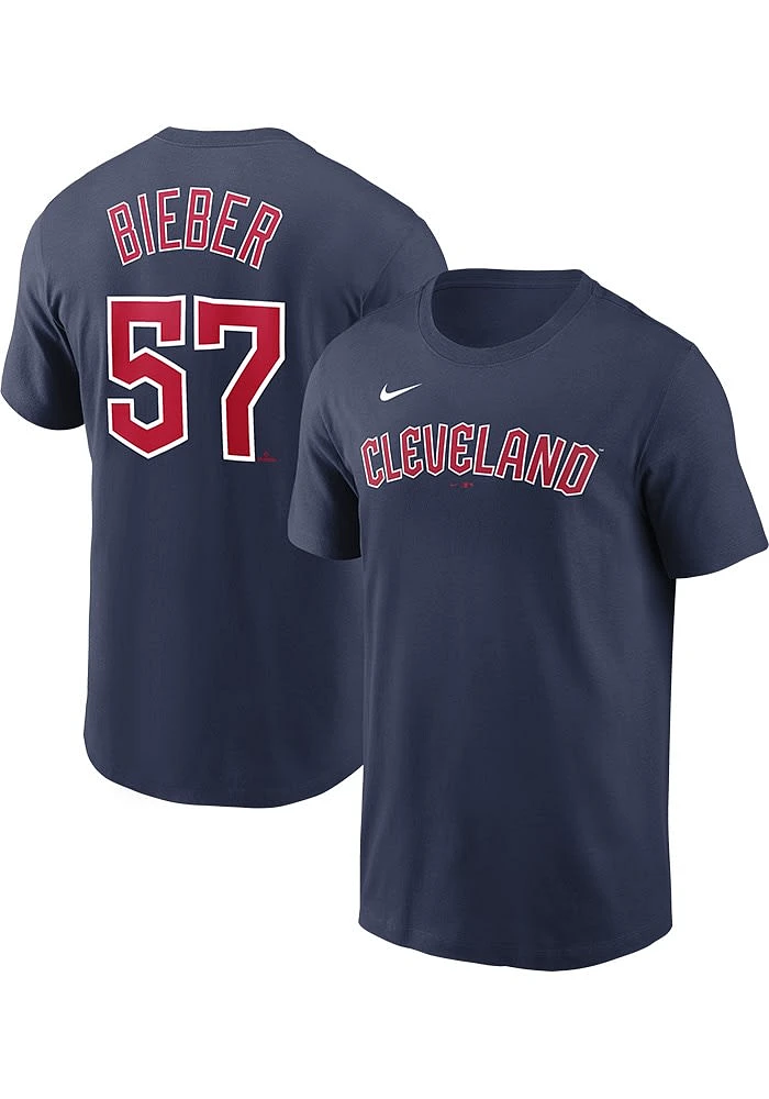 Shane Bieber Cleveland Guardians Navy Blue Away Name Number Short Sleeve Player T Shirt
