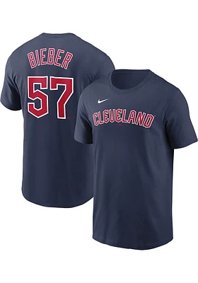 Shane Bieber Cleveland Guardians Navy Blue Away Name Number Short Sleeve Player T Shirt