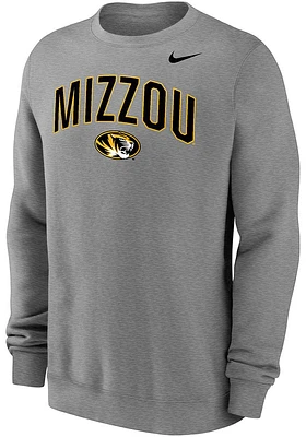 Nike Missouri Tigers Mens Grey Club Fleece Arch Mascot Long Sleeve Crew Sweatshirt