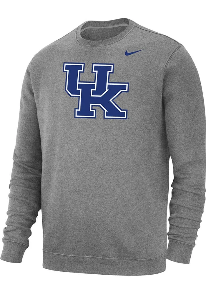 Nike Kentucky Wildcats Mens Grey Club Fleece Primary Logo Long Sleeve Crew Sweatshirt