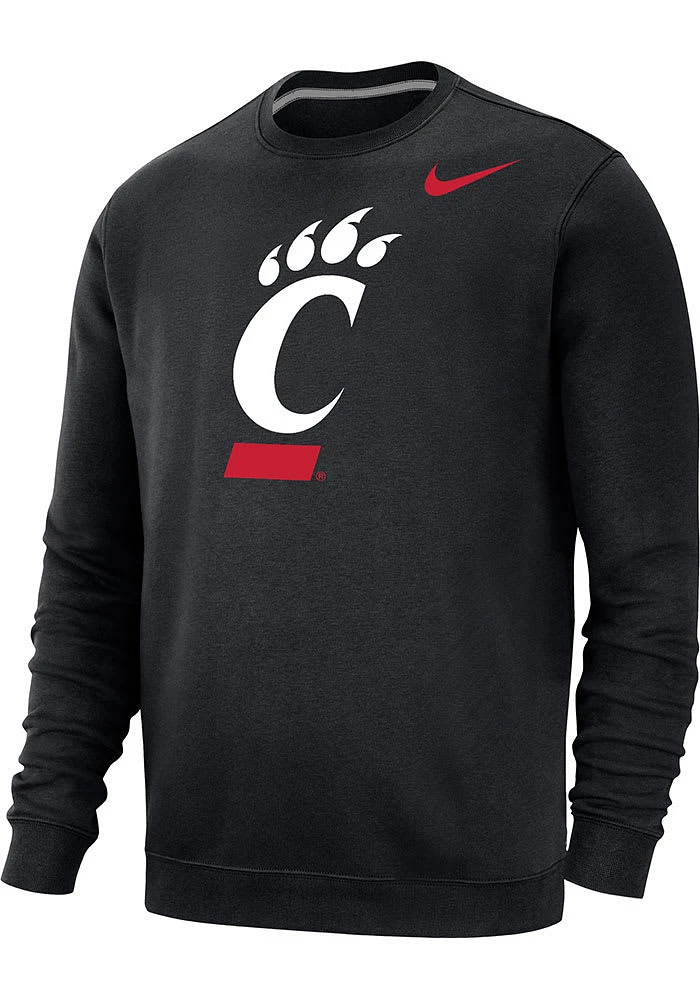 Nike Cincinnati Bearcats Mens Black Club Fleece Logo Long Sleeve Crew Sweatshirt