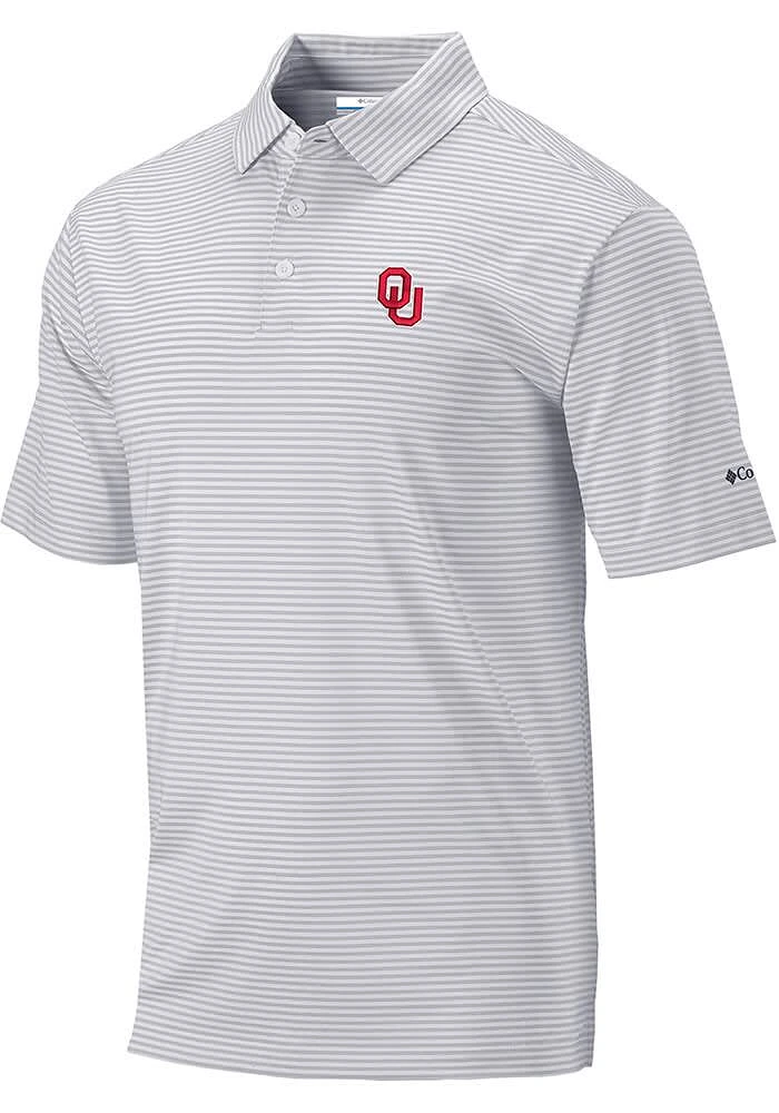 Columbia Oklahoma Sooners Mens Grey Club Invite Stripe Short Sleeve Polo