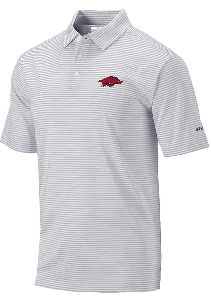Columbia Arkansas Razorbacks Mens Grey Club Invite Stripe Short Sleeve Polo