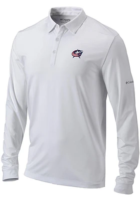 Columbia Columbus Blue Jackets Mens White Heat Seal Omni Wick Pin High Long Sleeve Polo Shirt