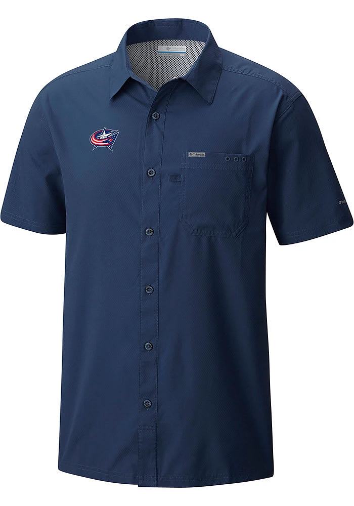 Columbia Columbus Blue Jackets Mens Navy Heat Seal Slack Tide Camp Short Sleeve Dress Shirt