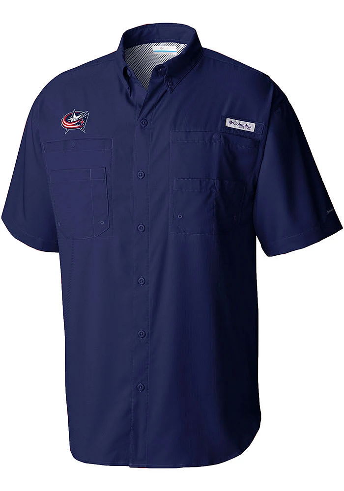 Columbia Columbus Blue Jackets Mens Navy Heat Seal Tamiami Short Sleeve Dress Shirt