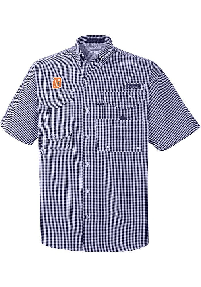 Columbia Detroit Tigers Mens Navy Blue Super Bonehead Short Sleeve Dress Shirt
