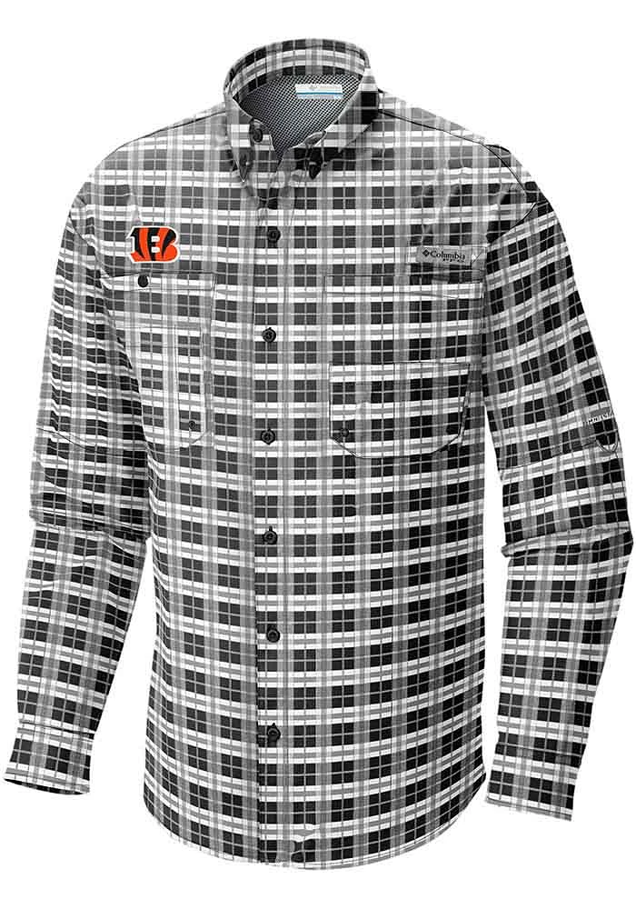 Columbia Cincinnati Bengals Mens Black Super Tamiami Plaid Long Sleeve Dress Shirt