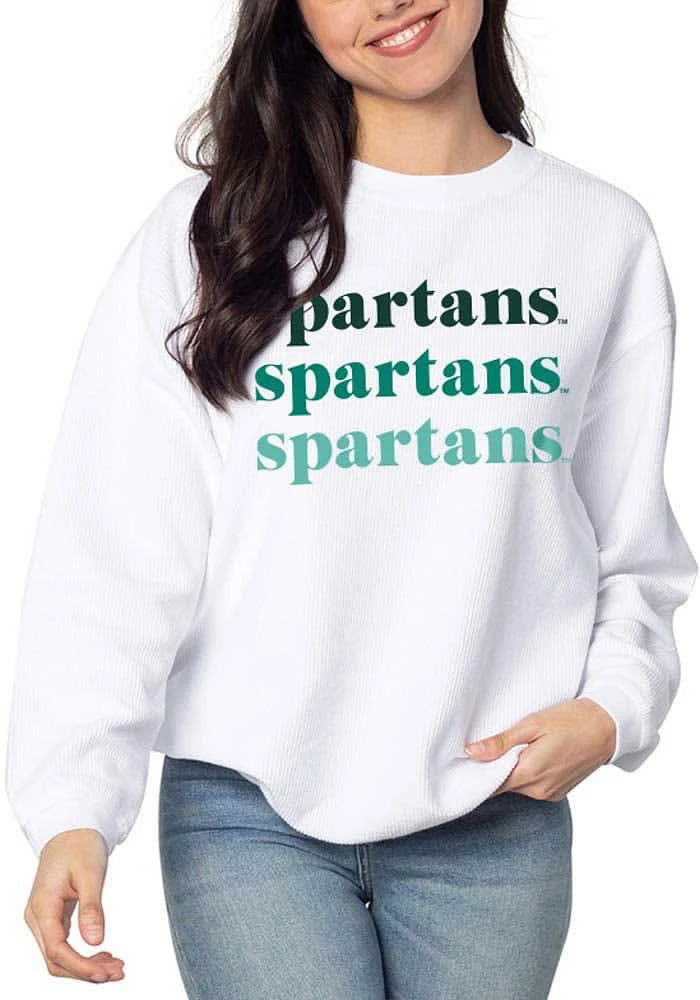 Michigan State Spartans Womens White Corded Knit Crew Sweatshirt