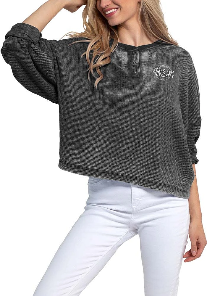 Texas A&M Aggies Womens Charcoal Waffle Boxy Henley LS Tee