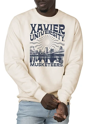 Uscape Xavier Musketeers Mens White Premium Heavyweight Sunburst Long Sleeve Crew Sweatshirt