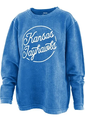Pressbox Kansas Jayhawks Womens Blue Roxy Script Comfy Cord Crew Sweatshirt