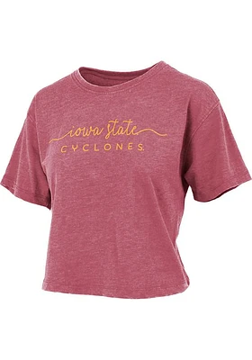 Pressbox Iowa State Cyclones Womens Crimson Vintage Burnout Crop Short Sleeve T-Shirt
