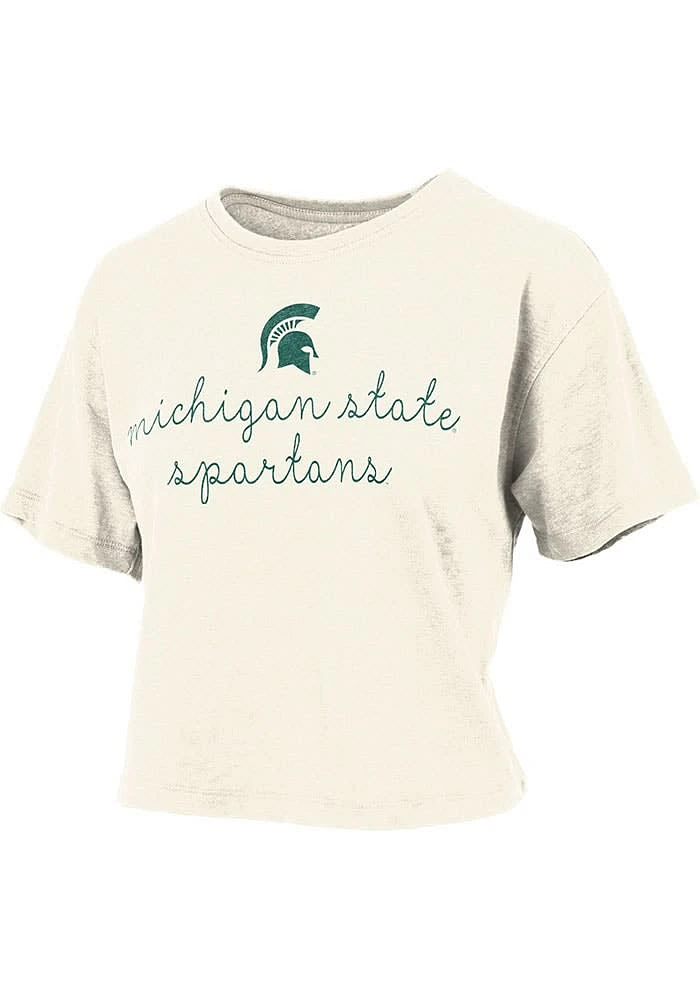 Pressbox Michigan State Spartans Womens Ivory Burnout Ryland Script Crop Short Sleeve T-Shirt