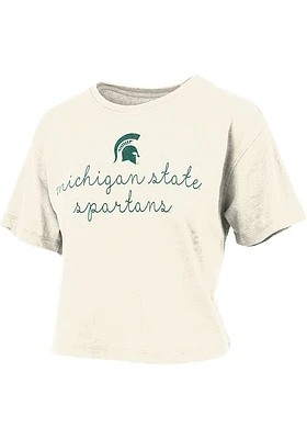 Pressbox Michigan State Spartans Womens Ivory Burnout Ryland Script Crop Short Sleeve T-Shirt