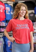 Pressbox Kansas Jayhawks Womens Red Burnout Blue Jean Baby Crop Short Sleeve T-Shirt