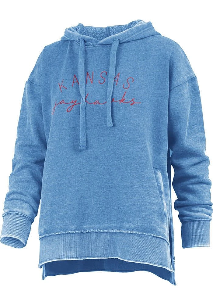 Pressbox Kansas Jayhawks Womens Blue Burnout Hello Sunshine Hooded Sweatshirt
