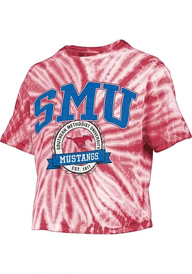 Pressbox SMU Mustangs Womens Red Tie Dye Gibraltar Crop Short Sleeve T-Shirt