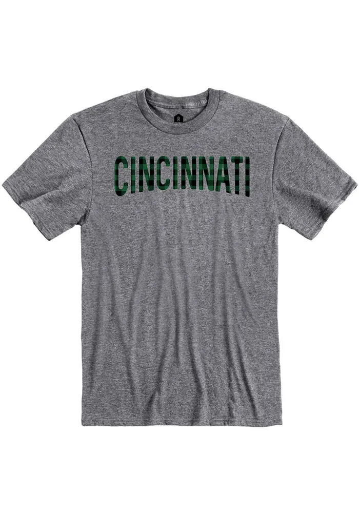 Cincinnati Grey Buffalo Plaid Wordmark Short Sleeve T Shirt