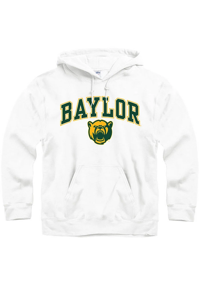 Baylor Bears Mens White Wordmark Arch Mascot Long Sleeve Hoodie