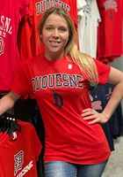 Rally Duquesne Dukes Red Arch Mascot Short Sleeve T Shirt