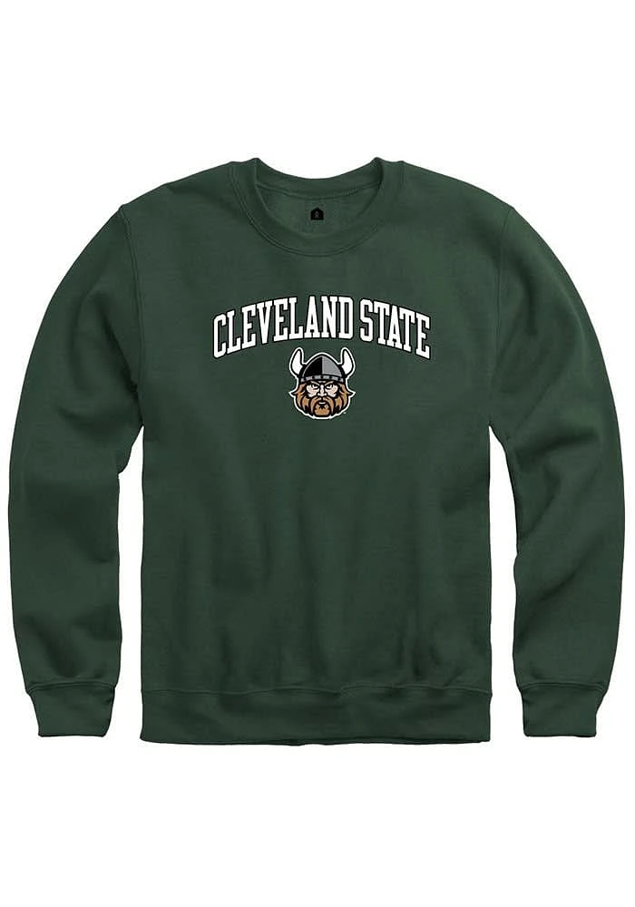 Rally Cleveland State Vikings Mens Green Fleece Arch Mascot Long Sleeve Crew Sweatshirt