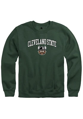 Rally Cleveland State Vikings Mens Green Fleece Arch Mascot Long Sleeve Crew Sweatshirt