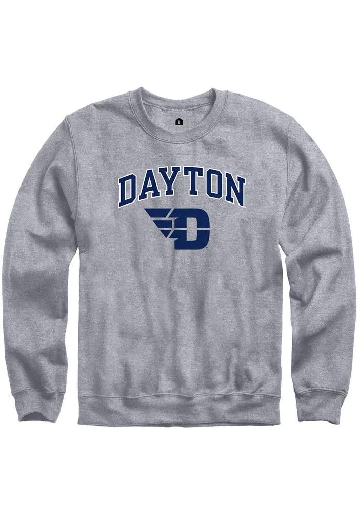 Rally Dayton Flyers Mens Grey Fleece Arch Mascot Long Sleeve Crew Sweatshirt