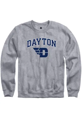 Rally Dayton Flyers Mens Grey Fleece Arch Mascot Long Sleeve Crew Sweatshirt