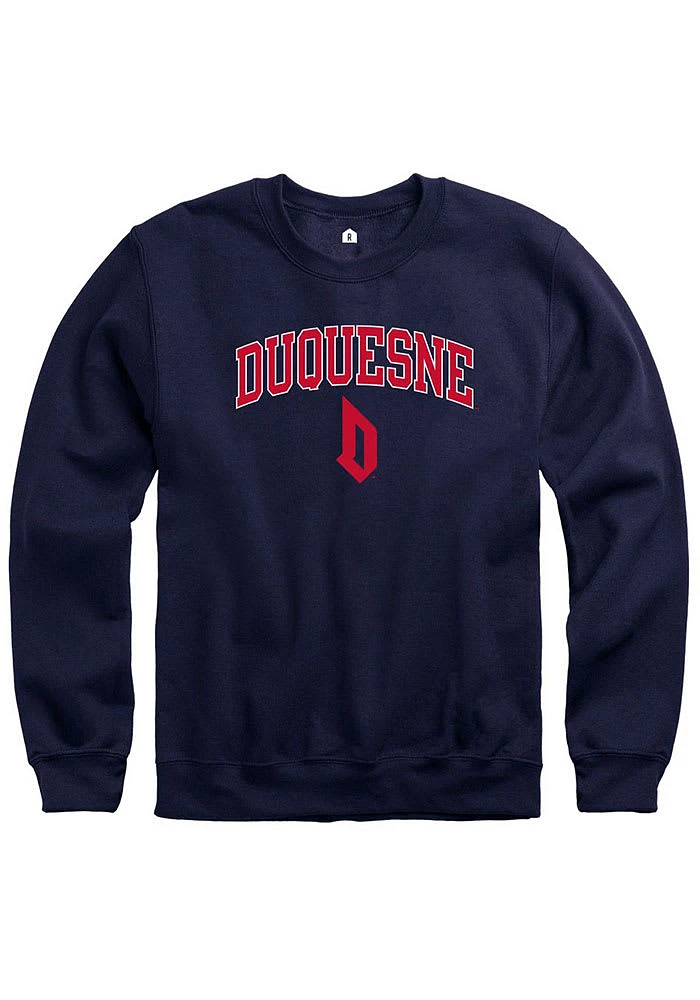 Rally Duquesne Dukes Mens Navy Blue Fleece Arch Mascot Long Sleeve Crew Sweatshirt