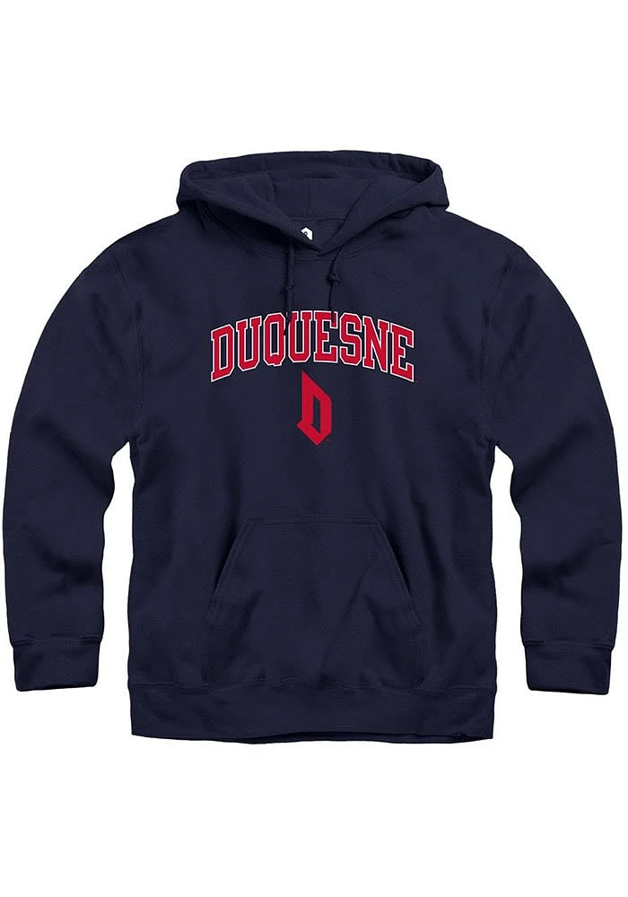 Rally Duquesne Dukes Mens Navy Blue Fleece Arch Mascot Long Sleeve Hoodie