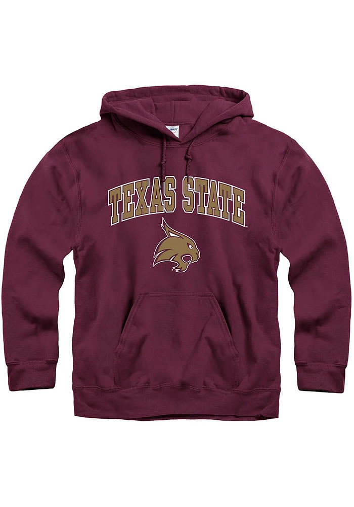 Texas State Bobcats Mens Maroon Arch Mascot Long Sleeve Hoodie