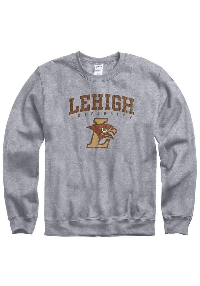 Lehigh University Mens Grey Distressed Long Sleeve Crew Sweatshirt