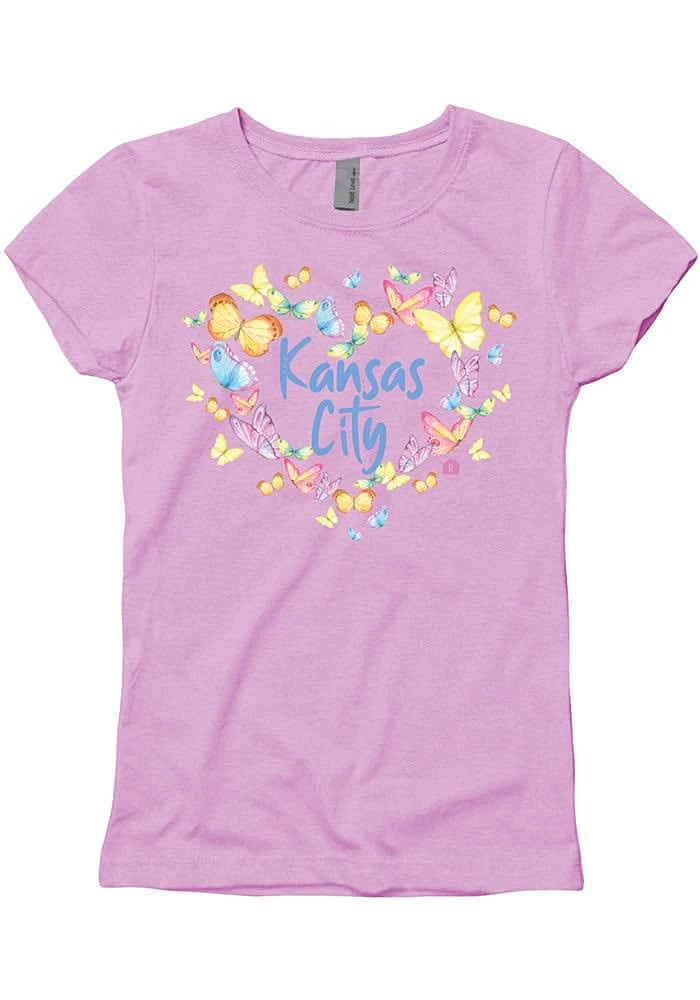 Kansas City Girls Purple Butterfly Heart Short Sleeve Tee