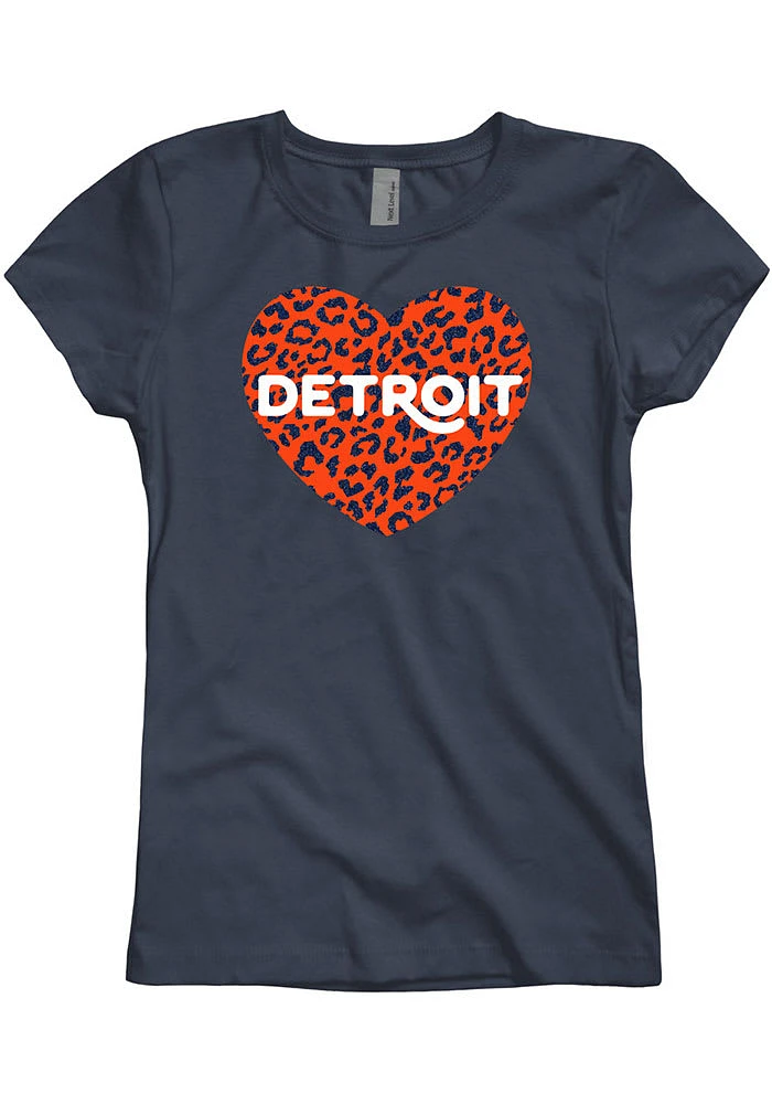 Detroit Girls Navy Blue Cheetah Heart Short Sleeve Tee
