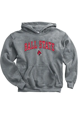 Ball State Cardinals Youth Grey Arch Mascot Long Sleeve Hoodie