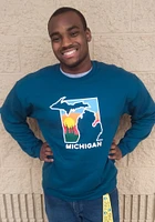 Michigan Mens Teal Color Block State Shape Long Sleeve Crew Sweatshirt