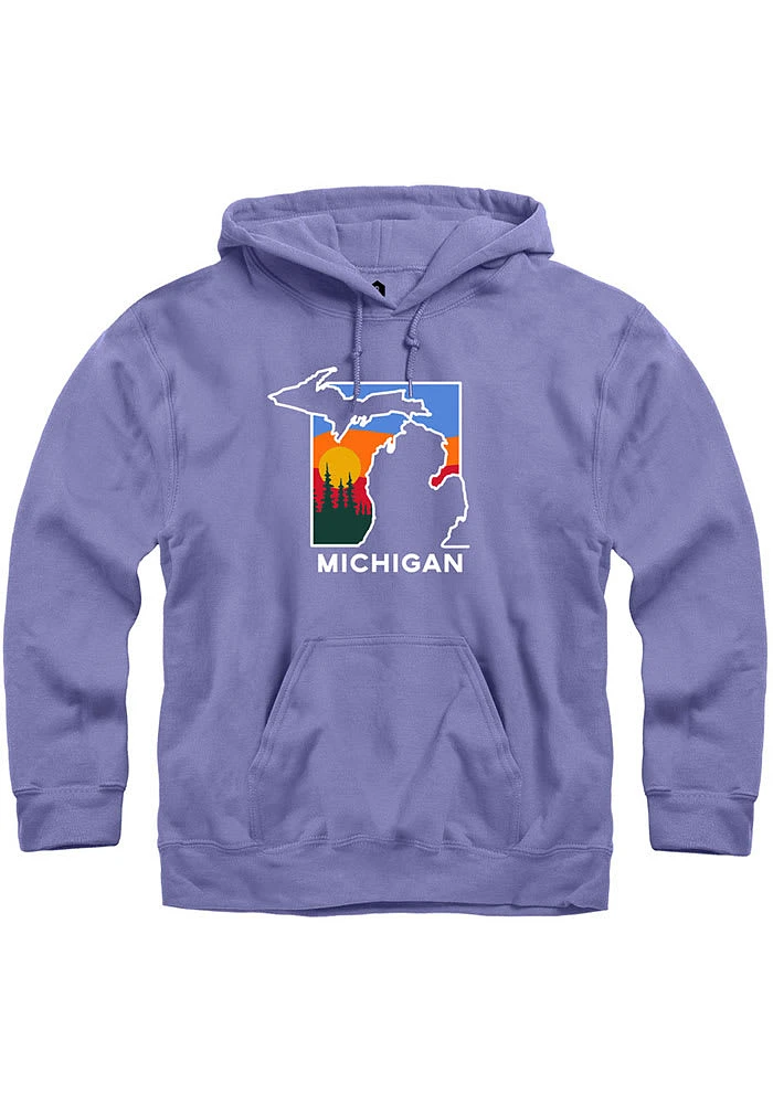Michigan Mens Purple Color Block State Shape Long Sleeve Hoodie