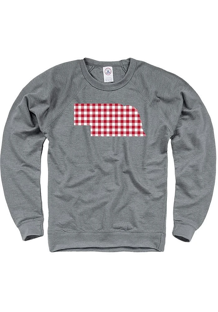 Nebraska Mens Graphite Plaid State Shape Long Sleeve Crew Sweatshirt