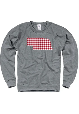 Nebraska Mens Graphite Plaid State Shape Long Sleeve Crew Sweatshirt