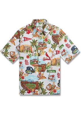 Reyn Spooner St Louis Cardinals Mens White Scenic Button Front Short Sleeve Dress Shirt