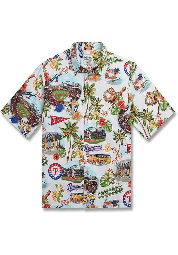 Reyn Spooner Texas Rangers Mens White Scenic Button Front Short Sleeve Dress Shirt