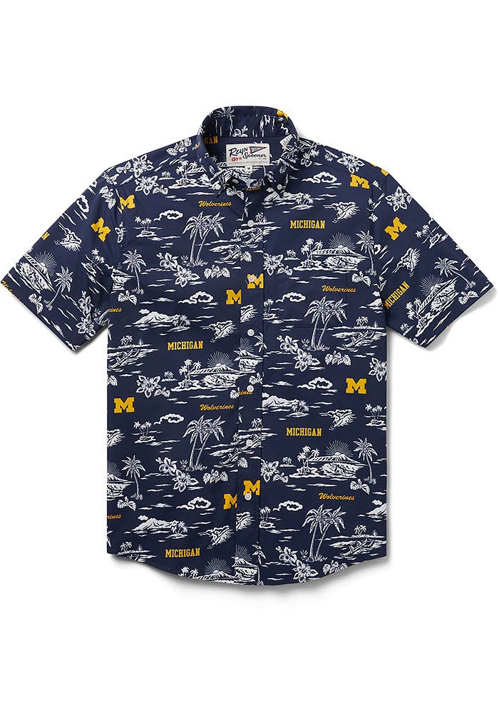 Reyn Spooner Michigan Wolverines Mens Blue Kekai Style Short Sleeve Dress Shirt