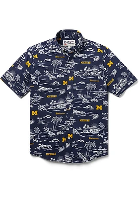 Reyn Spooner Michigan Wolverines Mens Blue Kekai Style Short Sleeve Dress Shirt
