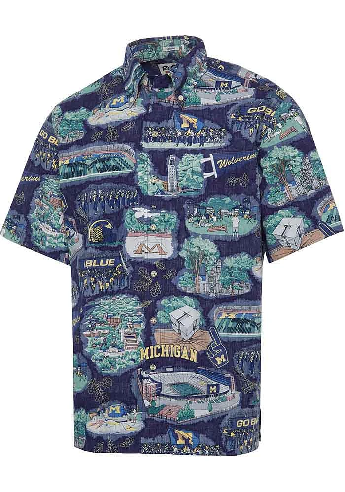 Reyn Spooner Michigan Wolverines Mens Blue Scenic Short Sleeve Dress Shirt